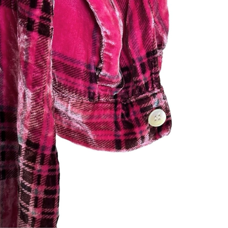 Soft Surroundings Shirt S Pink Velvet Silk Blend Plaid Print Barbie