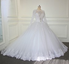 Luxury Lace Wedding Dresses with Beading Long Sleeves Scoop Neck Bridal Gowns