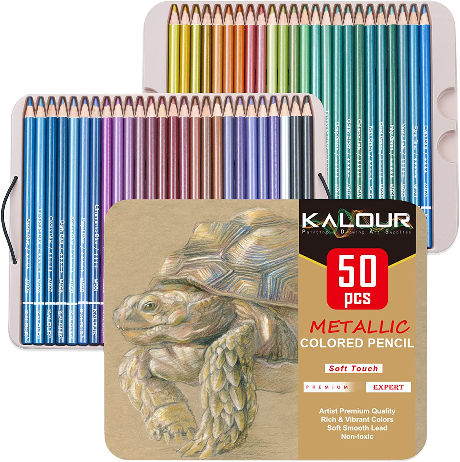 KALOUR 50 Piece Metallic Colored Pencils for Adult Coloring,Soft Core with Vibra