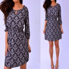 Black Cream Beige 3/4 Sleeve A Line Paisley Dress S Small