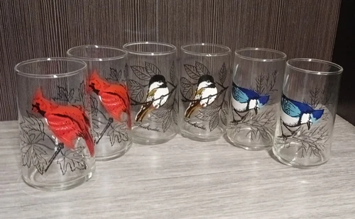 RARE 6 Anchor Hocking Glass Tumbler Cardinal Chickadee Blue Jay Vintage Barware