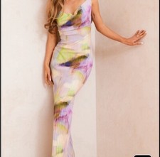 Prettylittlething Watercolour Plisse Strappy Maxi Dress Sz 8