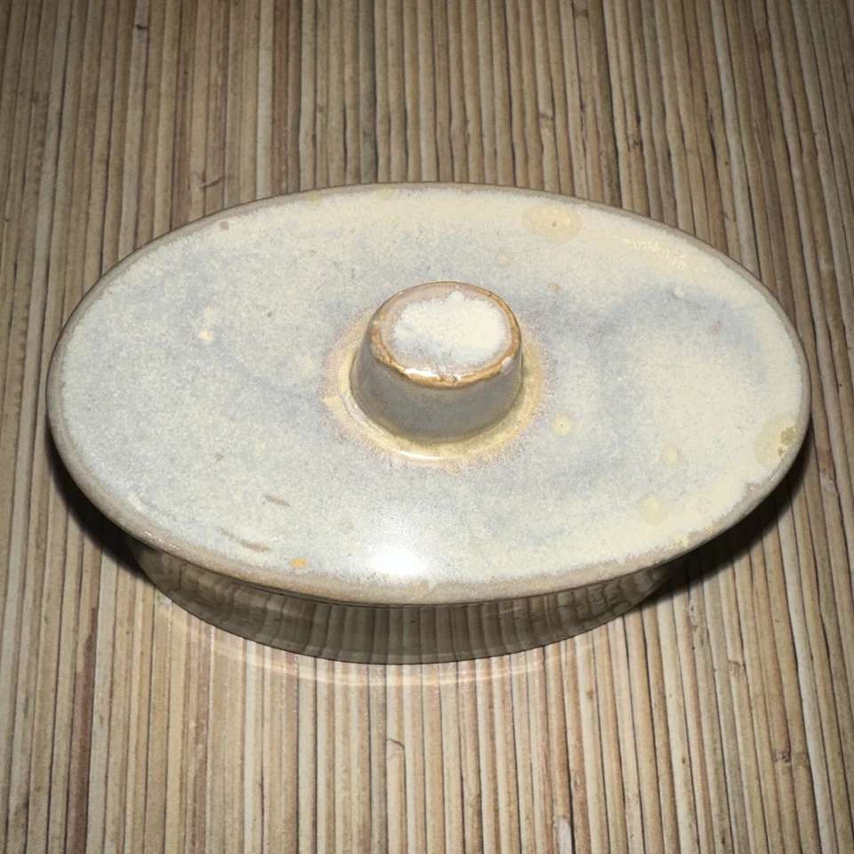 Pier 1 Ceramic Oval Canister Rustic Gray Green Jar with Lid - Image 3 of 4