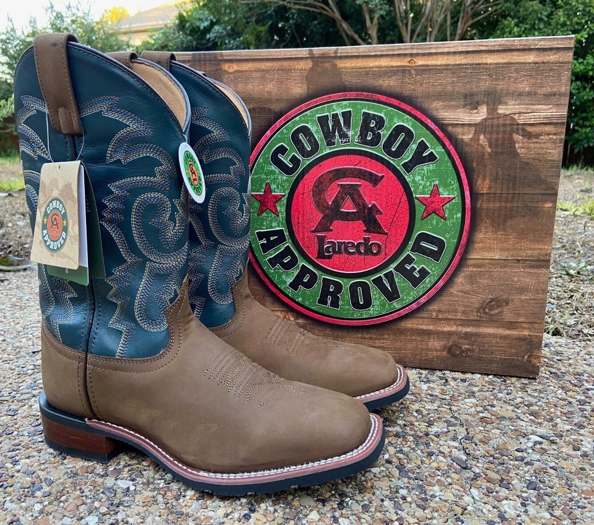 Laredo Men's Seaver Cowboy Boots – Leather Tan/Blue Square Toe Western Boots - View #9