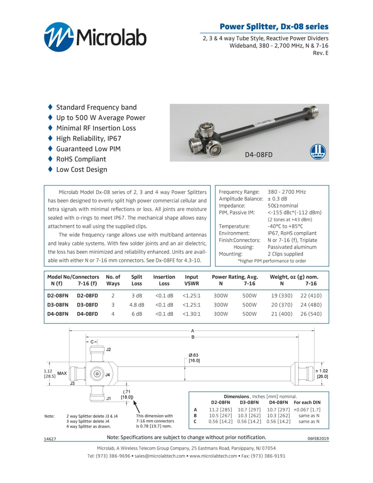 MicroLab D3-08FD 7-16 DIN 3-Way Power Splitter 500W 380MHz-2.7GHz RF Microwave