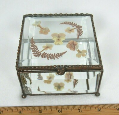 VTG SIGNED K. SHEPPARD BEVELED GLASS FLORAL FERN TRINKET BOX 4 1/4'' x 4 1/8'' 