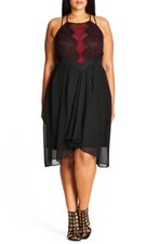 City Chic Plus Size Lace Decadence Halter Chiffon Party Dress Black-Red 14W (XS)