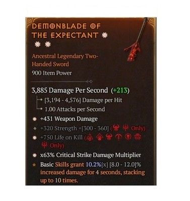 Diablo 4 Season 13 Demonblade Of The Expectant 3GA Legendary Sword Item Gear