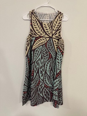 Leaf Print Shift Dress Women's Medium Sleeveless Yellow Green Made in USA