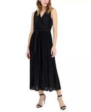 ELIE TAHARI Black Pleated Faux Wrap Belted Midi Dress Sz S