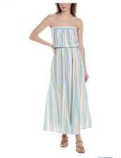 NWT Drew Blue Striped 100% Cotton Strapless Maxi Dress Lined Beach Boho Women L