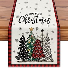 Merry Christmas Table Table Runner, 13" x 72" Buffalo Plaid Christmas Tree Red
