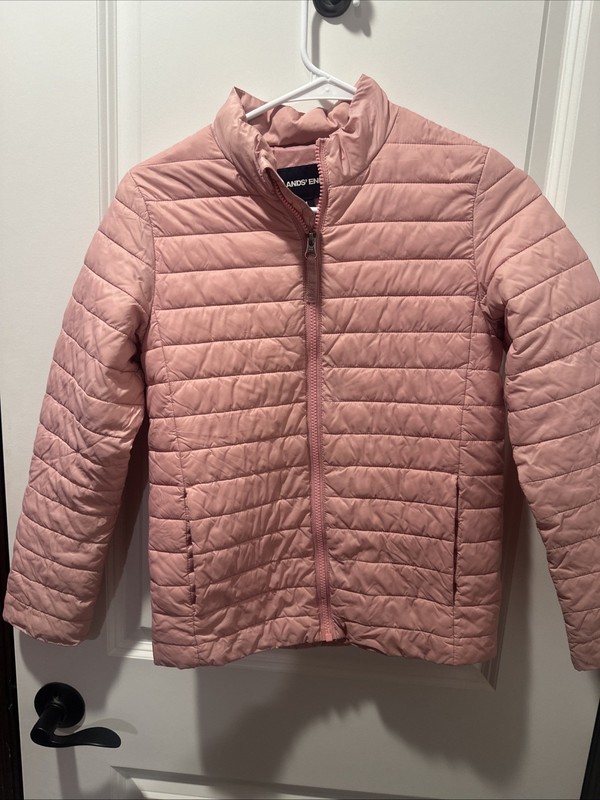 Lands End Youth Quilted Puffer Winter Jacket PINK Full Zip Size M 10/12