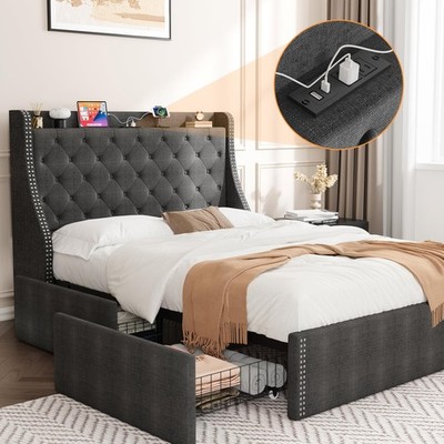 Queen/Full Size Bed Frame Platform w/Wingback Headboard & Storage Drawers Home