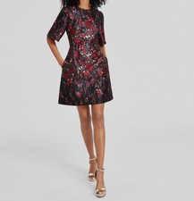 Vince Camuto Womens Red Floral Jacquard Jewel Neck Short Sleeve Dress Size 2