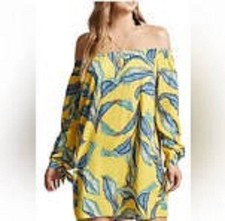 Forever 21 Dress Small S Yellow Off the Shoulder Green Leaves 3/4 Tie Sleeve NWT