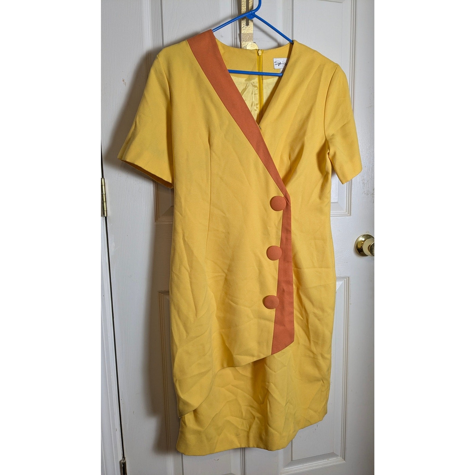 VTG 1980's Bold Yellow Orange Accent Buttons Asymmetrical SPIEGEL Dress 12 Large