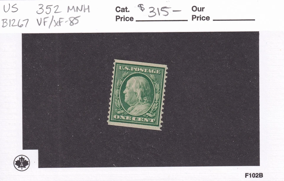 MATT'S STAMPS SCOTT #352 1-CENT BENJAMIN FRANKLIN 1909 COIL, MNH VF/XF-85 CV$315 - Image 3 of 3