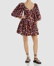 $475 Rhode Women's Brown Printed V-Neck Puff Sleeve Darya Wrap Dress Size S