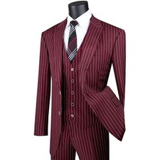 VINCI Men's Burgundy Gangster Stripe 3-Piece Classic-Fit Suit - NEW