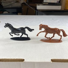 Vintage Plastic Toy Horses, 0ne Black One Brown, Hole In Side To Attach Riders