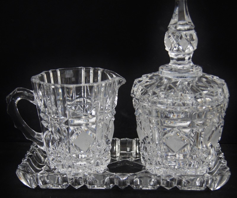 VINTAGE AMERICAN BRILLIANT Bohemian Crystal Cream & Sugar Set w/Underplate