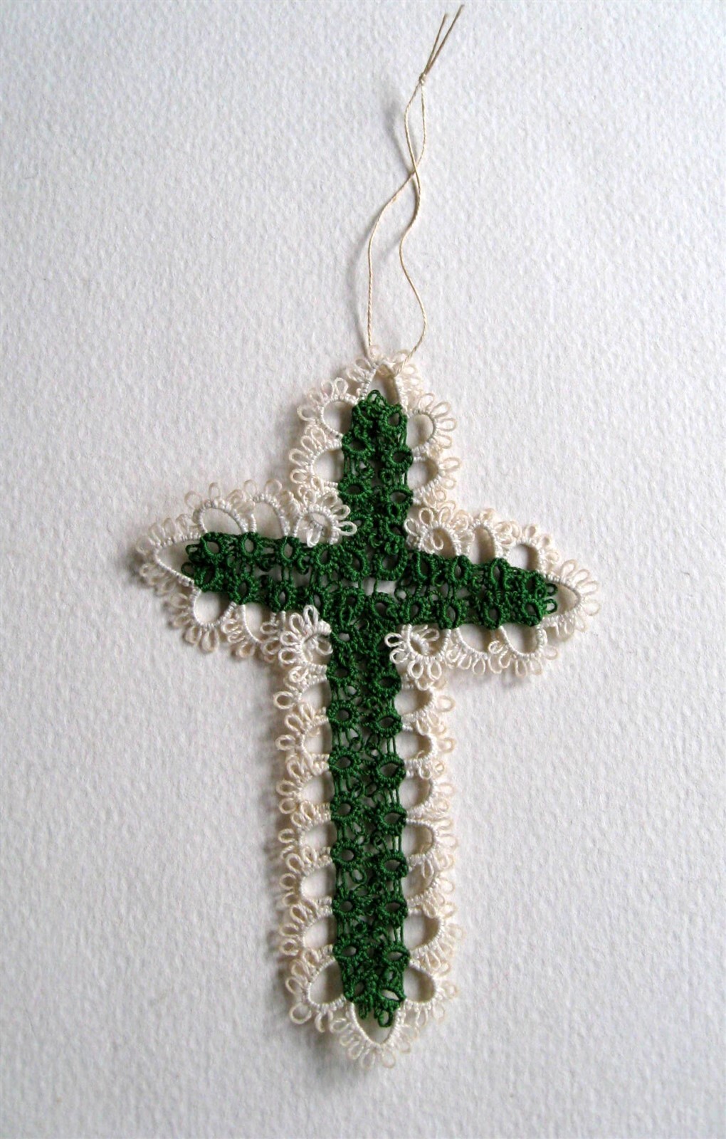 Handmade Green Ivory Tatted Cross Christmas Ornament Bible Bookmark  