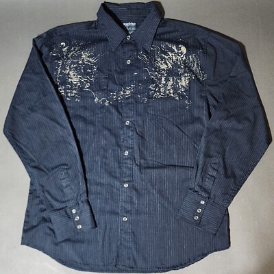 Sz XL, Y2K Machine Dark Gray/Blue Striped Long Sleeve Shirt, Clear