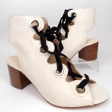 NEW! NINE WEST Women Gaines Open Toe Lace Up Pumps Sandals Size 7.0 White Leathe