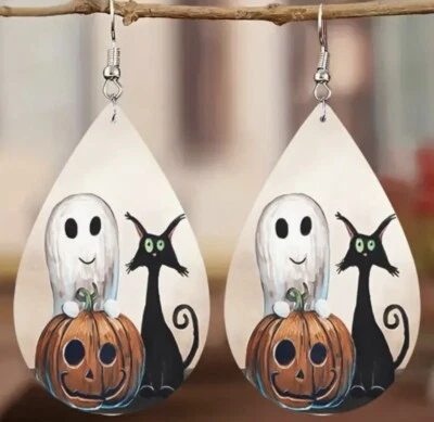 Halloween Earrings Ghost Cat Pumpkin Teardrop Shape Vegan Leather Dangle Set - Image 1 of 4