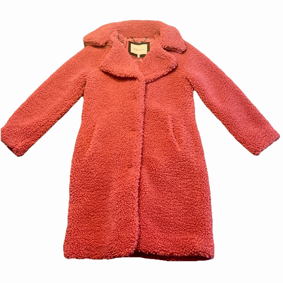 Abrigo largo de peluche BCBGeneration para mujer talla XS rosa sherpa malva Foto 2 de 4