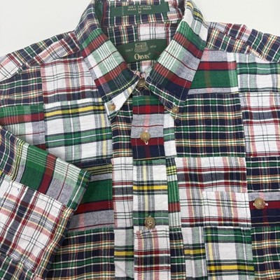 Orvis Mens Patchwork Madras Plaid Short Sleeve Button Down Shirt Medium