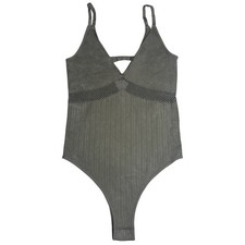 Ribbed One Piece Bodysuit Olive Green V Neck Mesh Waist Stretch