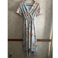 Floral High Low Maxi Dress Light Blue V-Neck Short Sleeve Faux Wrap Tie Back