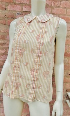 MIU MIU Top Striped Print Peter Pan Collar Back Buttons Cotton Runway Size 38 S