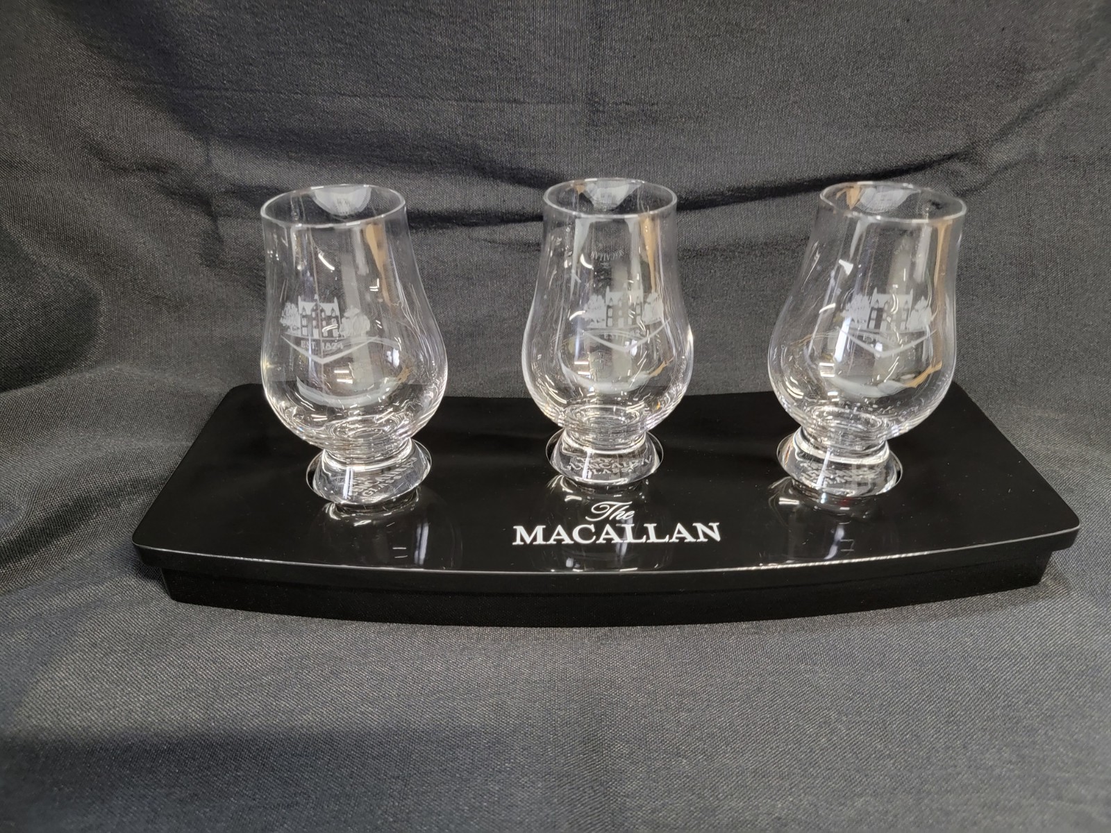 Macallan Glencairn Whisky 3 glass set with Macallan black laquer display base.-image