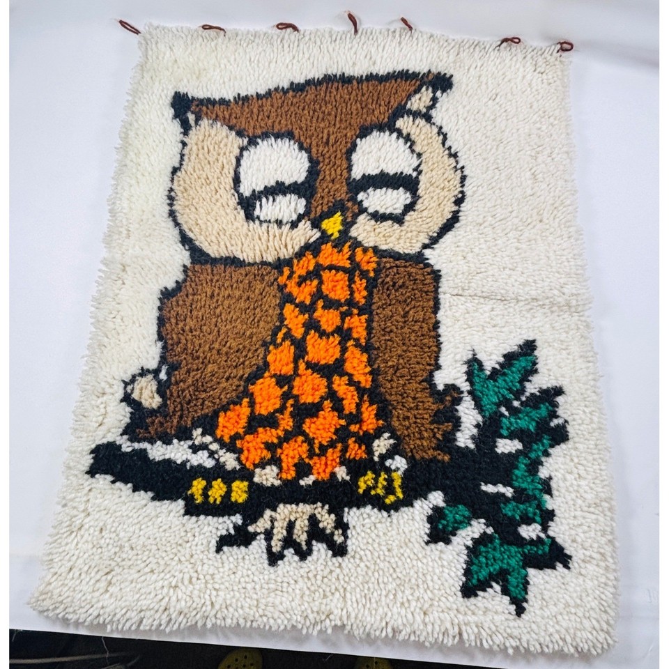 Vintage Owl Latch Hook Wall Hanging Rug Art 70s Decor Orange 28x20 Handmade