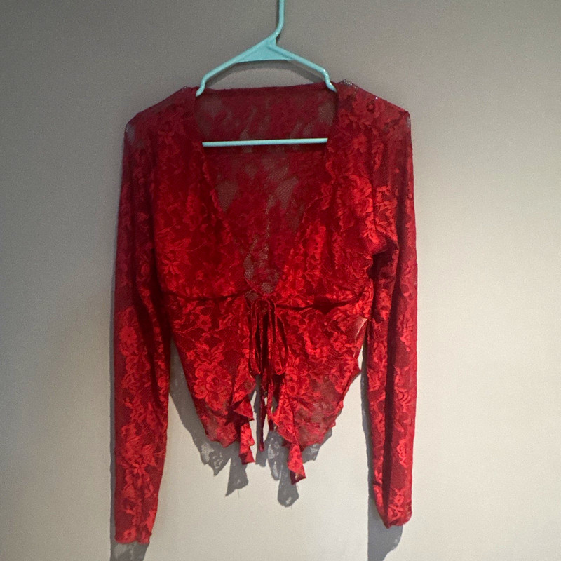 Women’s Red Floral Lace Sheer V-Neck Tie-Front Long Sleeve Top Size L