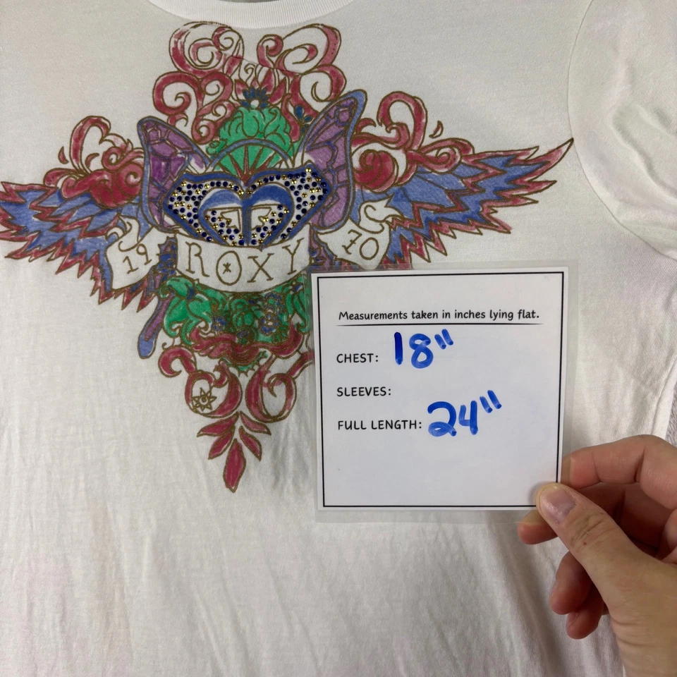 Vtg Roxy Women's White Graphic Long Sleeve Tattoo Tee Rhinestone USA Y2K Sz L - Image 4 of 4