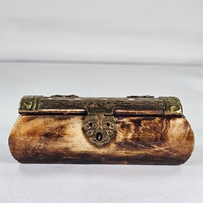 Vintage Camel Bone Trinket Box Brass Filigree Inlay Velvet Lined Miniature Chest
