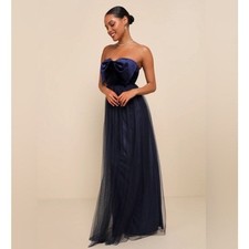 NWT Lulu's Perfectly Dramatic Navy Velvet Tulle Strapless Bow Maxi Dress L
