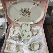 Gorgeous Porcelain Miniature Strawberry And Vines Tea Set w Gold Embellishments