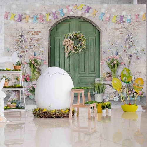 Easter Backdrop Green Wooden Doors Brick Wall Bunny Rabbit Spring Photography B - Picture 2 of 9