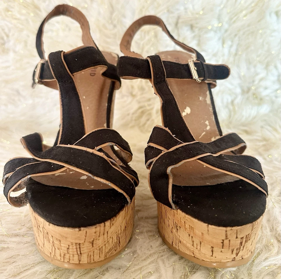 Vintage Torrid Black Strappy Cork Platform Heels Size 10 – Wooden Wedge Sandals - Image 4 of 4