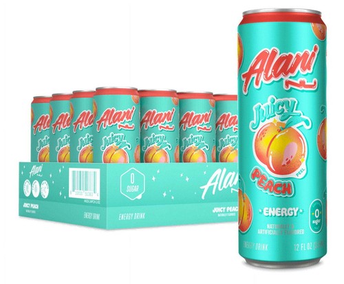 Alani Nu Juicy Peach Sugar-Free Energy Drink 12oz Can 24-pack Multi-pack 24 Cans