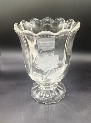  Led Crystal Vase With Frosted Roses 3D  Large Heavy Flueted Top And Bottom 9 In