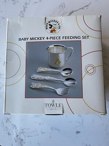 DISNEY -TOWLE SILVERSMITHS BABY MICKEY 4 PIECE FEEDING SET + EXTRA CUPS/UTENSILS
