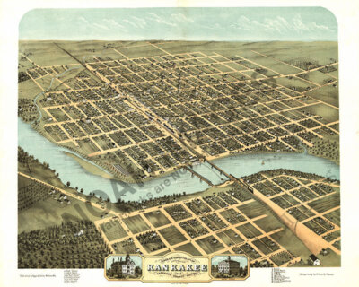 Panoramic Map of Kankakee Illinois 16x20