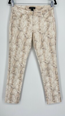 White House Black Market Snake Print Slim Leg Pant Size 2 Mid Rise Stretch Beige