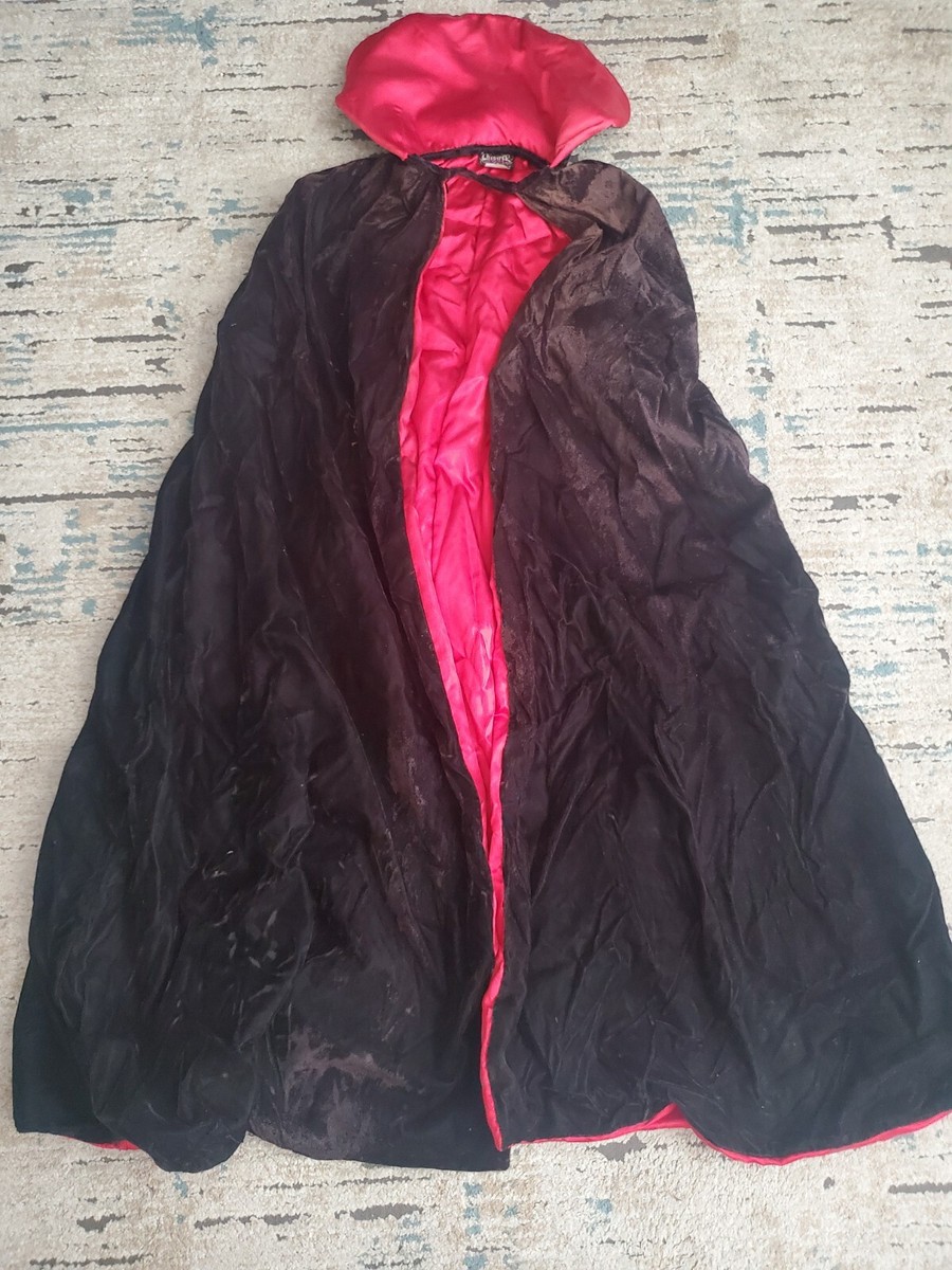 Hooded crush velvet Black and redロングマント Deluxe Crushed Black Velvet Red Satin Lining Collar Costume